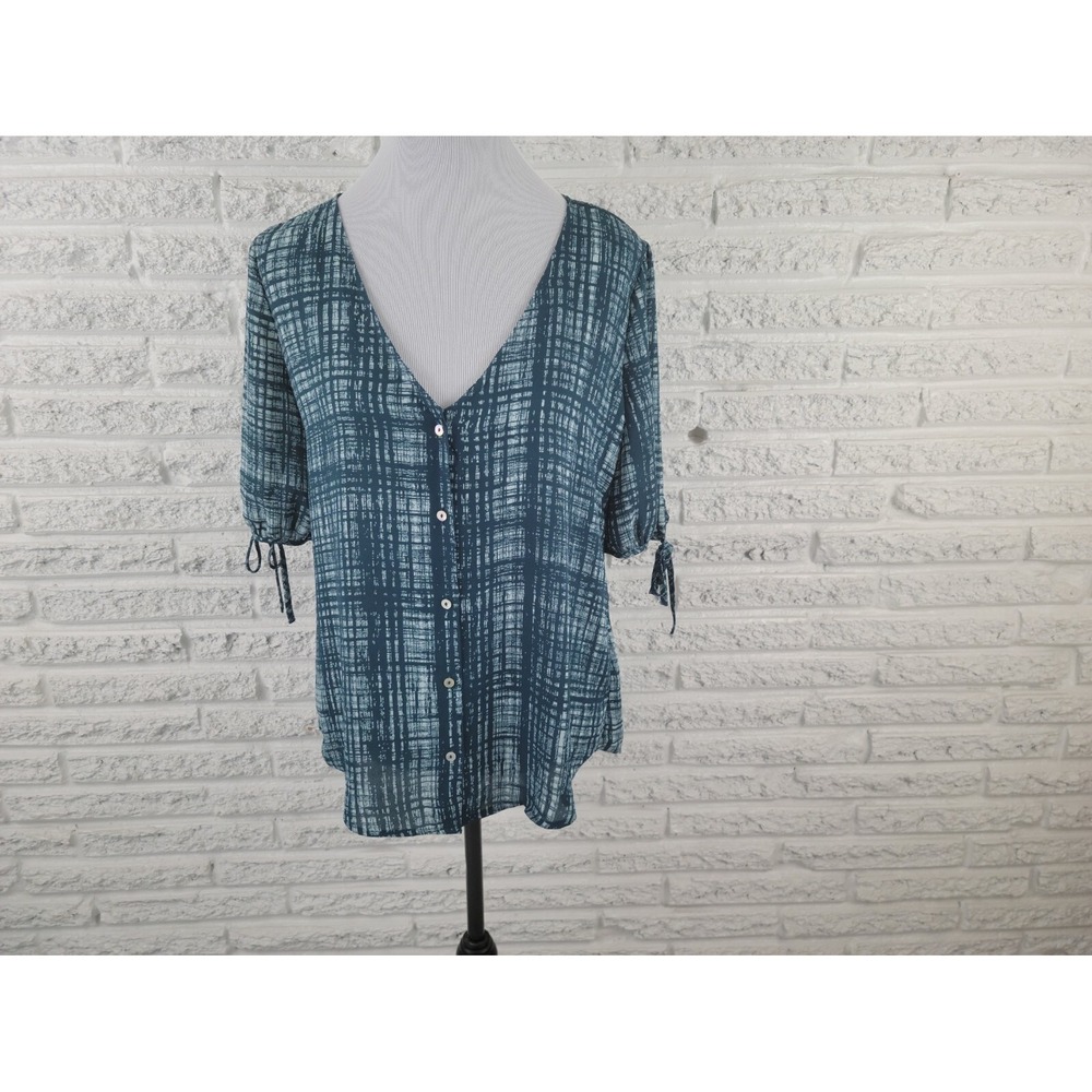 Maurices Womens XL Blue Geometric Top Sheer Short Sleeve V-Neck Button Up Casual